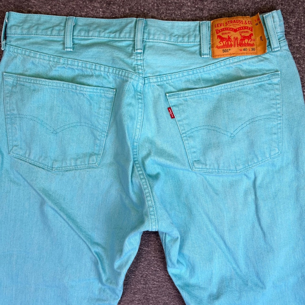 Levis 501 Jean Men 40x30 Turquoise Cyan Original Retro Straight Button Fly Denim - Picture 11 of 15